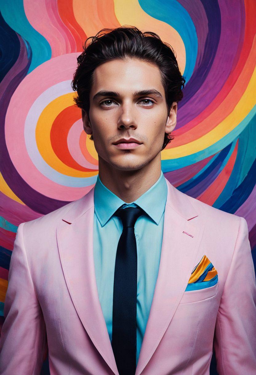 A thought-provoking scene illustrating a straight man in a hypnotic trance, surrounded by swirling colors and shapes symbolizing gender and identity. Include a subtle representation of traditional masculinity, juxtaposed with elements of fluidity and transformation. The background should evoke a dreamlike quality, blending reality with abstract concepts. Use vibrant colors to enhance the emotional depth of the subject. surrealism. vibrant colors. dreamlike atmosphere.