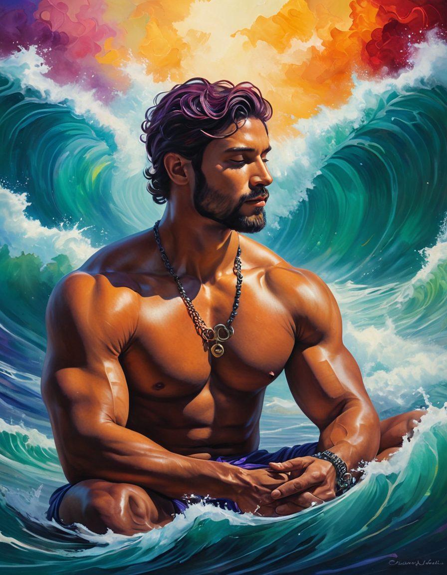 A captivating scene depicting a serene male figure in a meditative pose, surrounded by swirling colorful waves representing the mind's depth. Subtle imagery of gears and keys can be integrated within the waves, symbolizing unlocking potential. Add a contrasting background of deep blues and purples to evoke a sense of calm and mystery. Highlight elements of strength and empowerment in the man's posture. vibrant colors. digital painting.