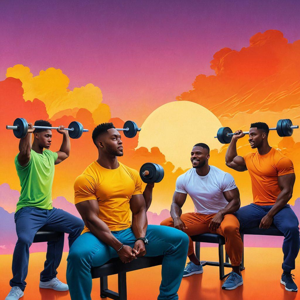A dynamic illustration depicting a diverse group of heterosexual males engaged in various self-improvement activities, such as reading, exercising, and participating in group discussions. The background features a vibrant sunrise symbolizing new beginnings and potential, with motivational quotes subtly integrated into the scene. Each male should portray a sense of determination and positivity. vivid colors. uplifting atmosphere. modern art.